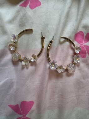 Gold Hoop Earrings with Iridescent Flower Charms